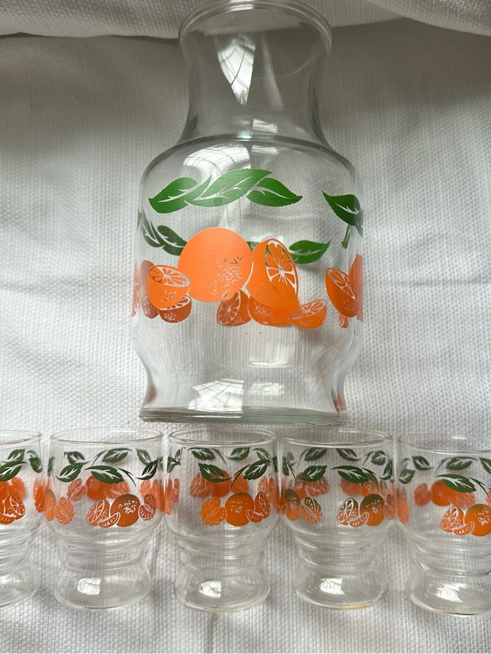 VTG Anchor Hocking Orange Juice Carafe Pitcher W 5 Juice Glasses Retro 70s EUC